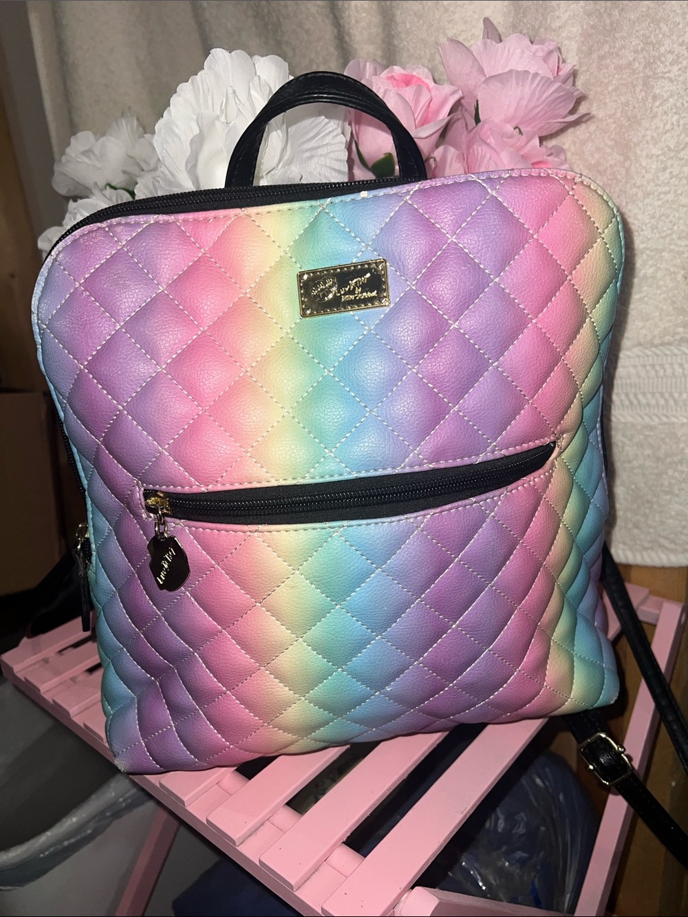 Pastel Rainbow Quilted Backpack purse - Luv Betsey by Betsey Johnson